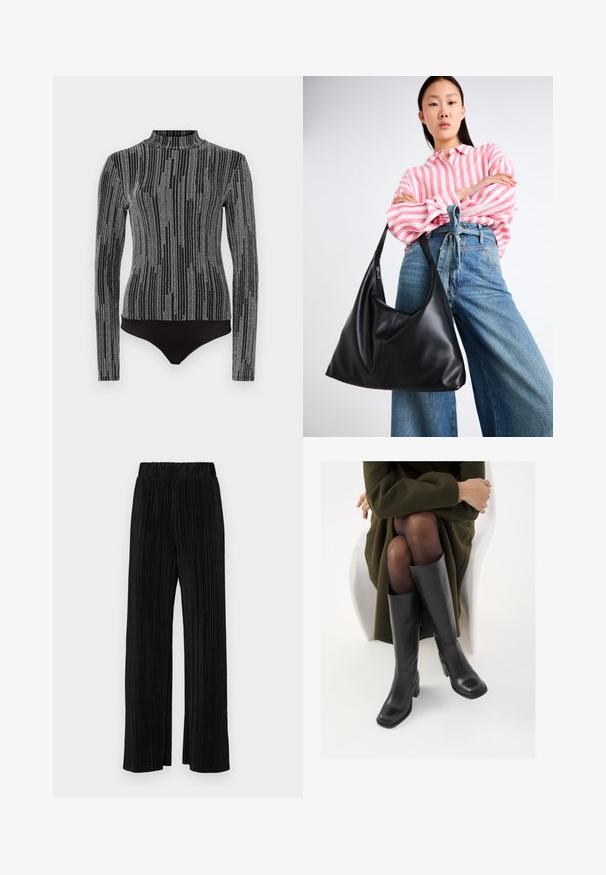 Body nero con maniche lunghe e collo alto. Presenta un motivo grigio testurizzato che ricorda strisce verticali. Finitura in tessuto liscia.; Pantaloni neri a plissé con vita elasticizzata. Presentano gamba ampia e un tessuto liscio e texture con strisce verticali.; Stivali neri in pelle alti fino al ginocchio con punta squadrata e tacco a blocco, mostrati con un modello seduto in un cappotto verde oliva. Texture liscia, dettagli minimi.; Borsa a spalla in pelle nera con una forma morbida e dettagli sulle cuciture. Il modello indossa una camicia a righe rosa e bianche con jeans a gamba larga blu.