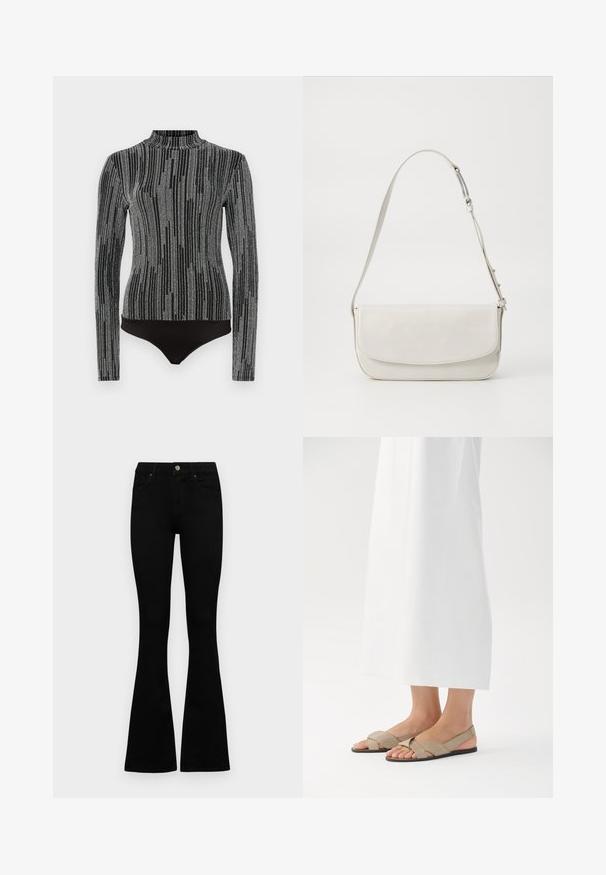 Svart bodysuit med lange ermer og høy hals. Har et strukturert grått mønster som ligner på vertikale striper. Glatt stoffoverflate.; Sorte høytlivsjeans med knapp og glidelås, frontlommer og utsvingte bein liggende flatt på en hvit bakgrunn.; Beige lær sandaler med kryssrem-design og svart såle, med åpen tå og slingback-stil. Plassert mot en hvit bakgrunn.; Hvit lær skulderveske med en glatt overflate, rektangulær form, klaffelukking og justerbar stropp. Enkle sømmer.
