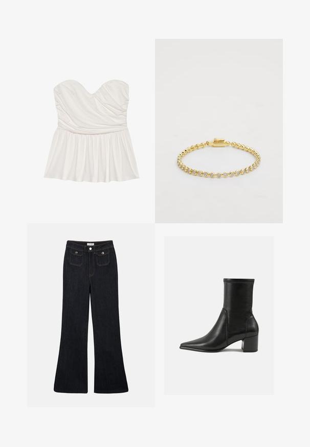 Valge õlavarreta top, millel on südamekujuline dekoltee, kogutud tekstuur ja laienev äär. Valmistatud pehmest kangast, millel on sile viimistlus.; Mustad tume denim püksid, millel on kõrge vöökoht, kaks esikot ja oranž õmblus. Materjal näeb välja vastupidav ja sile.; Mustad muste sandaalid, mis on valmistatud siledast nahast, terava ninaga, plokknööriga ja eristuva tõstetud õmblusega ülemisel serval.; Kuldne metallist käevõru, mis on kaunistatud ühtlaselt paigutatud ümmarguste selgete rhinestone'idega, ühel küljel klambriga sulgur. Sile tekstuur ja läikiv viimistlus.