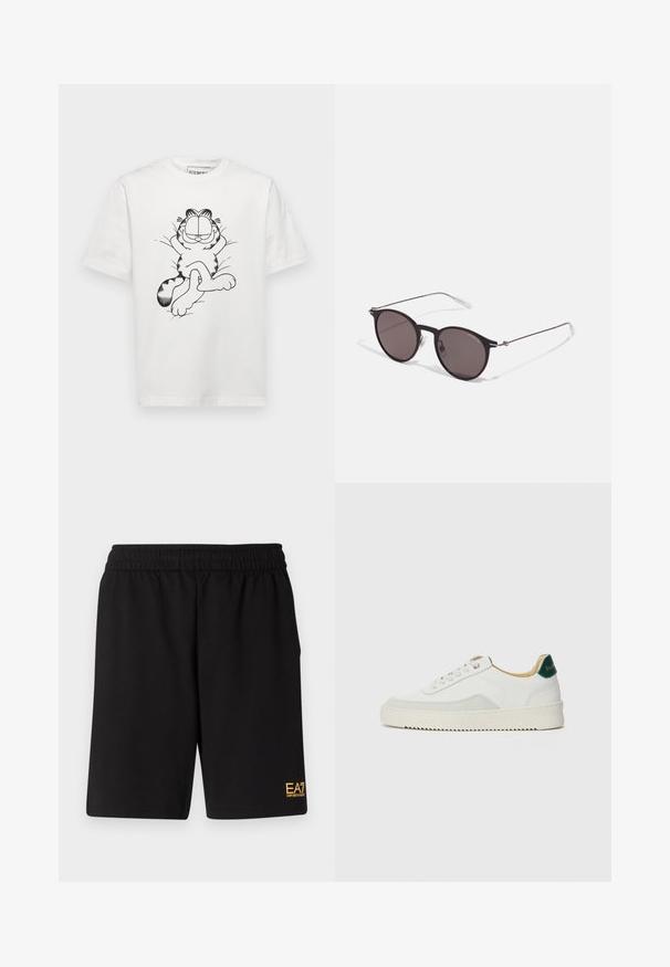 Iceberg T-shirt imprimé - ecru; Shorts de sport noirs en tissu doux, avec une taille élastique et un petit logo jaune EA7 sur le bas de la jambe gauche.; Baskets blanches avec des accents en daim, bout arrondi, lacets plats et semelle en caoutchouc crème. Présente une marque verte sur le talon.; Lunettes de soleil noires rondes avec verres sombres et branches en métal fines. Comprend des embouts transparents et des accents argentés au niveau de la charnière. Design minimaliste.