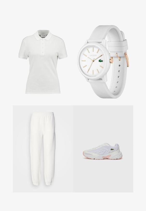 Fehér, textúrált pamut póló, klasszikus gallérral, három gombos nyakkal, és egy apró Lacoste logóval a mellkason.; Fehér melegítőnadrág puha, kötött anyagból. Rugalmas derékpánt és szegélyek lazán illeszkednek. Minimalista dizájn, látható minták vagy díszítések nélkül.; Fehér sportcipők textúrált hálós felsőrésszel, diszkrét rózsaszín akcentussal a talpon és zöld krokodil logóval az oldalon.; Fehér szilikon óra texturált szíjjal, kerek számlappal, arany jelzőkkel és zöld Lacoste logóval.