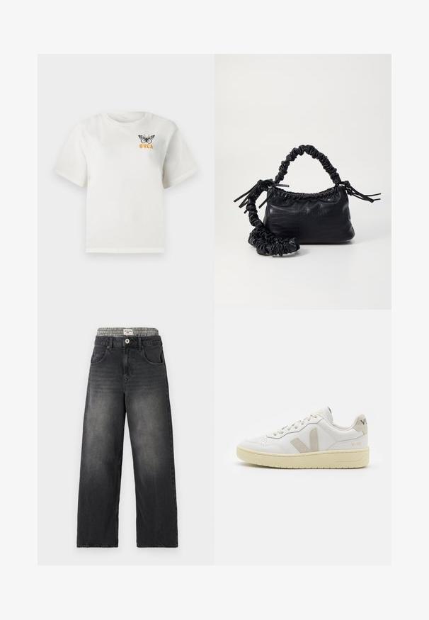 Valge lühikeste varrukatega T-särk musta liblika ja oranži "RVCA" tekstiga vasakul ülemisel rinnal.; Mustad denimist laiad püksid, millel on kassi-loomakaubaga vöökoht. Omadused hõlmavad eespool taskuid ja nuppleclosingut. Kulunud tekstuur.; Valge nahast tenniseking, millel on beežist siidist aktsent ja aukudega varvas, lame paelad ja tekstureeritud koorevärvi tallad. Omab nüansirikast brändimist kannal.; Must must sünteetilisest nahast käekott, millel on krokodillimuster, kokku tõmmatav ülaosa ja kortsus rihm. Tundub pehme ja kompaktne disain.