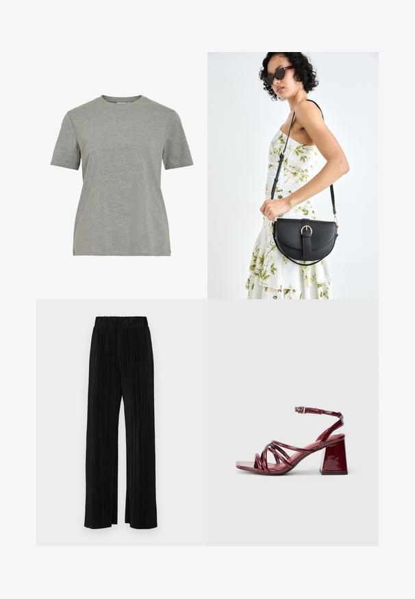 Tricou gri din bumbac, cu gât rotund clasic, mâneci scurte și textură netedă, potrivit pentru purtarea casual.; Pantaloni negri plisati cu talie elastică. Prezintă picioare largi și un material neted, texturat, cu dungi verticale.; Sandale cu toc pătrat, din piele lacuită burgundy, cu multiple curele interconectate și un toc gros. Curea ajustabilă pentru glezne.; Geantă din piele neagră, cu o formă curbată, curea detașabilă și accesorii aurii. Geanta are un capac cu un detaliu tip cataramă.