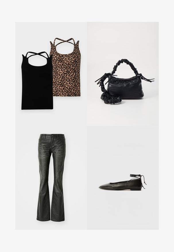 Divi topi ir redzami: viens melns ar krustveida siksnām, un otrs ar iedeguma krāsu un melnu leoparda rakstu. Abiem ir apaļa izgriezuma kakla līnija.; Melnas mākslīgā ādas plandošas bikses ar priekšējiem kabatām, metāla pogu aizdari un nedaudz teksturētu virsmu. Taisnas kājas ar garu griezumu.; Melnas ādas baleta kurpes ar smailu purngalu, potītes saitēm un plakanu zoli, kas izceļas ar gludu tekstūru un minimālistisku dizainu.; Melnā mākslīgās ādas rokassoma ar krokodila rakstu, savilkta augšdaļa un saburzīta siksna. Izskatās mīksta un kompakta pēc dizaina.