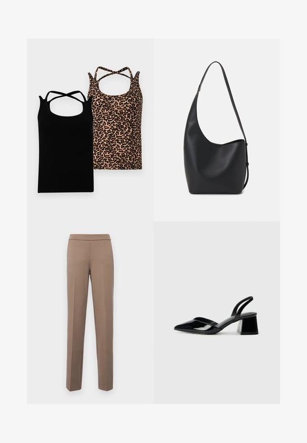 Kaksi toppeja on esillä: yksi musta, jossa on ristikkäiset hihnat, ja toinen vaaleanruskea pohja mustalla leopardikuviolla. Molemmissa on pyöreä pääntie.; Ruskeat, muotoonommellut housut, joissa on sileä ja joustava kangas. Suorat lahkeet ja litteä vyötärö ilman näkyviä kiinnikkeitä tai taskuja.; Mustat patentoitu nahkakengät, joissa on säären takaosa ja terävä kärki, sekä geometrinen palikkakorko. Sisältää tyylikkään, minimalistisen muotoilun ja sileän pinnan.; Musta nahkainen hobo-laukku, jossa on sileä pinta, kaareva muoto ja yksi säädettävä olkahihna; sisäänkäynti on leveä ylhäältä.