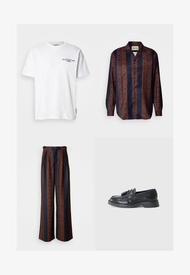 Weißes Baumwoll-T-Shirt mit kurzen Ärmeln, rundem Ausschnitt, mit schwarzem Text, der "BELLA CIAO AUS NAPOLI" liest, sowie einem Markenetikett an der Seite.; Marineblaues Hemd mit Knopfleiste und einem floralen geometrischen Muster in Orangetönen. Mit Kragen und langen Ärmeln mit geknöpften Manschetten.; Weite Hosen aus dunkelblauem Stoff mit einem aufwendigen orangen geometrischen Muster, mit gefaltetem Vorderteil und einem taillierten Bund.; Schwarze Leder Slipper mit abgerundeter Spitze, einem Riemen mit Quasten und einer dicken Sohle mit einem Profilmuster. Glatte Textur und klassisches Design.