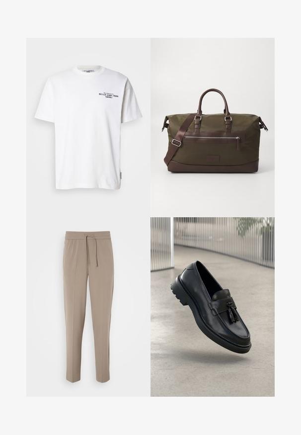 Tricou alb din bumbac, cu mâneci scurte și guler rotund, având text negru care spune "BELLA CIAO DIN NAPOLI" și un eticheta de marcă pe lateral.; Pantaloni bej deschis cu un brâu elastic, șnur ajustabil și picioare conice. Materialul pare neted, cu un ușor luciu.; Mocasini negri din piele cu finisaj neted, ciucure decorativ, talpă groasă din cauciuc și accente cusute. Design ușor și elegant.; Geantă sport din pânză de culoare verde măsliniu cu detalii din piele maro, având două mânere, o curea de umăr detașabilă și o buzunar frontal cu fermoar.