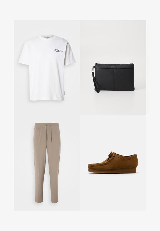 Fehér pamut póló rövid ujjakkal és kerek nyakkal, amelyen fekete szöveg olvasható: "BELLA CIAO FROM NAPOLI", valamint egy márkacímke az oldalon.; Világos bézs nadrág, rugalmas derékkal, állítható húzózsinórral és tapered lábakkal. Az anyag simának tűnik, enyhe fénylással.; Barna velúrbőr cipő, kerek orral és alacsony sarokkal, részletes varrással az illesztések mentén, és fűzős elülső résszel. Puha tapintású, letisztult dizájnnal.; Fekete szintetikus pénztárca cipzárral, csuklópánttal és sima felülettel. Finom varrás és a logó dombornyomott a fronton.