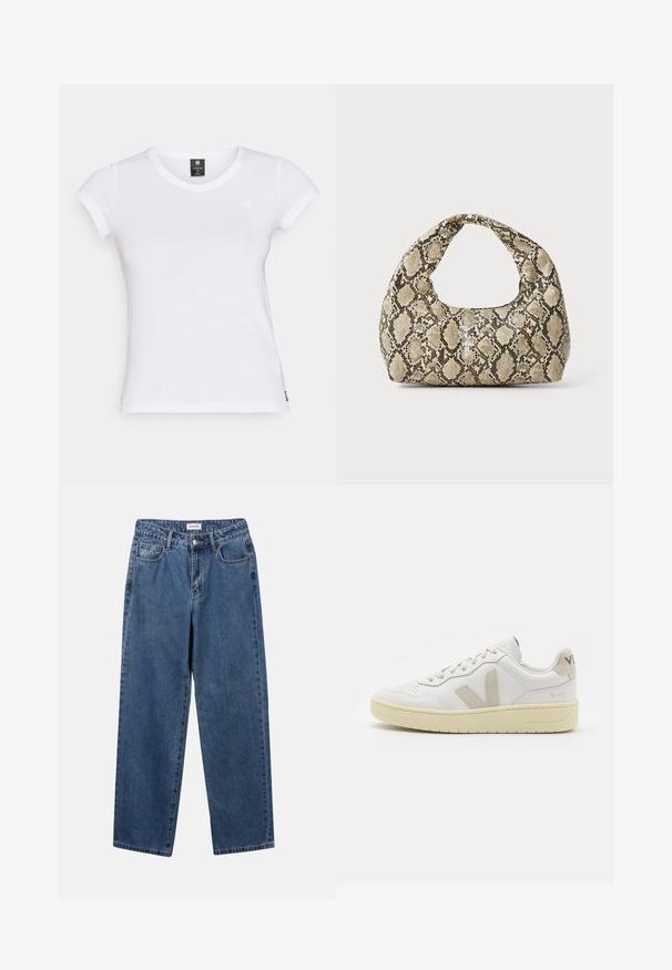 White short-sleeve T-shirt with a round neckline, made of soft fabric. Features a small logo on the chest and a straight hemline.; Classic blue denim jeans with a straight-leg design, five pockets, and a button closure. Features a medium wash and sturdy texture.; White leather sneaker with beige suede accents, perforated toe box, flat laces, and a textured cream sole. Features subtle branding on heel.; Snake-print handbag with a curved handle. Made from textured, beige and brown materials, featuring a distinctive diamond pattern.