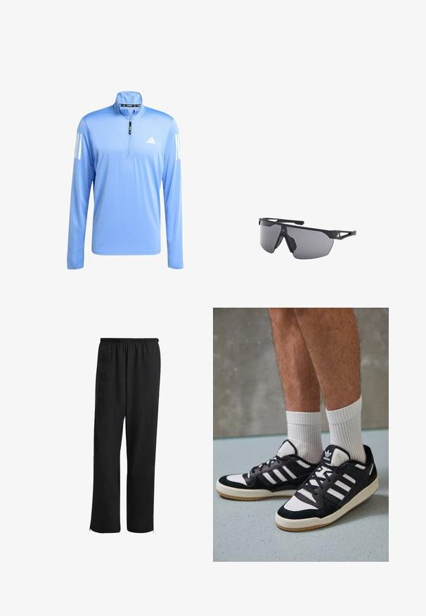 Lyseblå langærmet sportsskjorte med en kvart lynlås, lavet af glat stof. Har hvide tre-stribede detaljer på begge ærmer.; Sorte træningsbukser med elastisk talje, lige ben, sidelommer og lynlåse ved anklerne, lavet af et glat, letvægtigt stof.; Sorte og hvide sneakers med en overdel i ruskind og læder, der har tre hvide striber, en perforeret tå og en sål i gummigummi.; adidas Performance ANEMOS - Sportsbriller - matte black/smoke gray