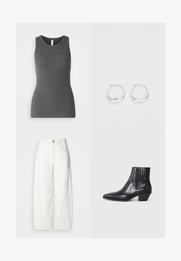 Szürke ujjatlan trikó bordázott anyagból; kerek nyakkivágása és testhezálló szabása van. Nincsenek minták vagy kiegészítő díszítések.; Fehér, bő szárú farmernadrág, látható varrással. Gombos záródással és enyhe textúrával rendelkezik. Elülső zsebekkel.; Fekete bőr bokacsizma hegyes orral, elasztikus oldalsó panelekkel, amelyek függőleges bemetszésekkel rendelkeznek, és alacsony blokk sarkú. Sima textúrájú és elegáns dizájn.; Fényes felületű ezüst karika füli, DKNY márkázással, sima fehér háttér előtt.