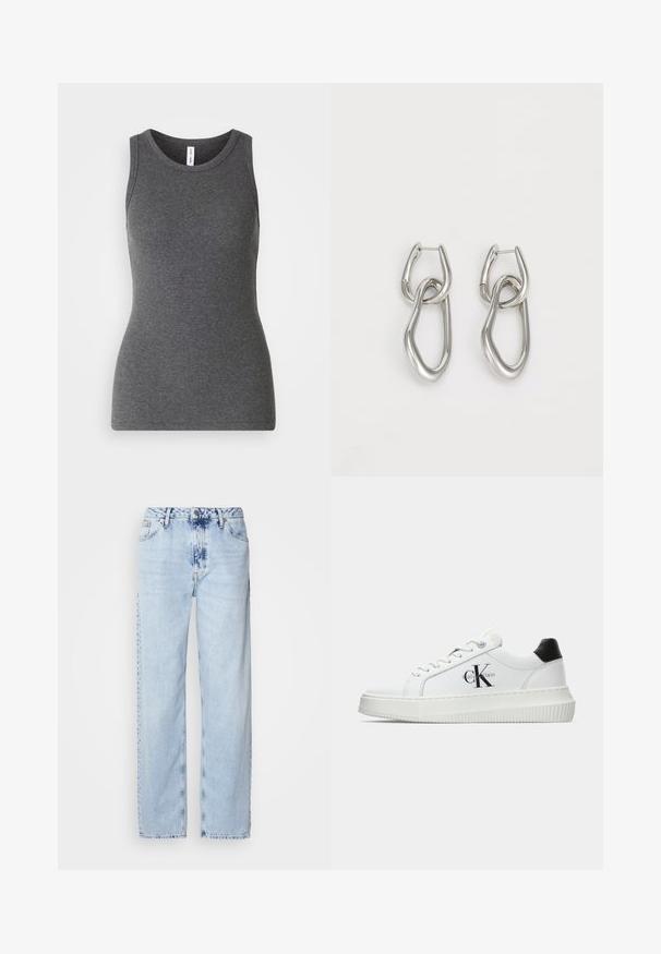 Grå ærmeløs tanktop lavet af ribbet materiale; har en rund halsudskæring og et tætsiddende design. Ingen mønstre eller yderligere detaljer.; Lyseblå brede jeans lavet af denim, med høj talje, falmet vask og subtil tie-dye mønster langs fronten.; Hvide lavtoppede sneakers med sort hælkænke, platformssål, snørebånd og Calvin Klein "CK" logo på siden.; Calvin Klein STATEMENT LINKS - Øreringe - silver-coloured
