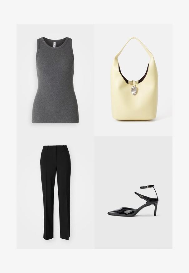 Harmaa hihaton toppi, joka on valmistettu ribbimäisestä materiaalista; siinä on pyöreä pääntie ja tiukka istuvuus. Ei kuvioita tai lisäkoristeita.; Mustat räätälöidyt housut suoraa lahjetta, joissa on sileä pinta ja terävät taitteet edessä. Ei näkyvää metalliosaa.; Mustat lakatut korkokengät, joissa on terävä kärki, säädettävät nilkkahihnat ja hoikka korko. Suora pinta, joka näyttää kiiltävältä.; Hobo-laukku pehmeässä keltaisessa nahassa, jossa on pyöreä muoto. Ominaisuuksiin kuuluu sileä pinta, tumma vuori ja hopeasävyinen yksityiskohta suljennassa.