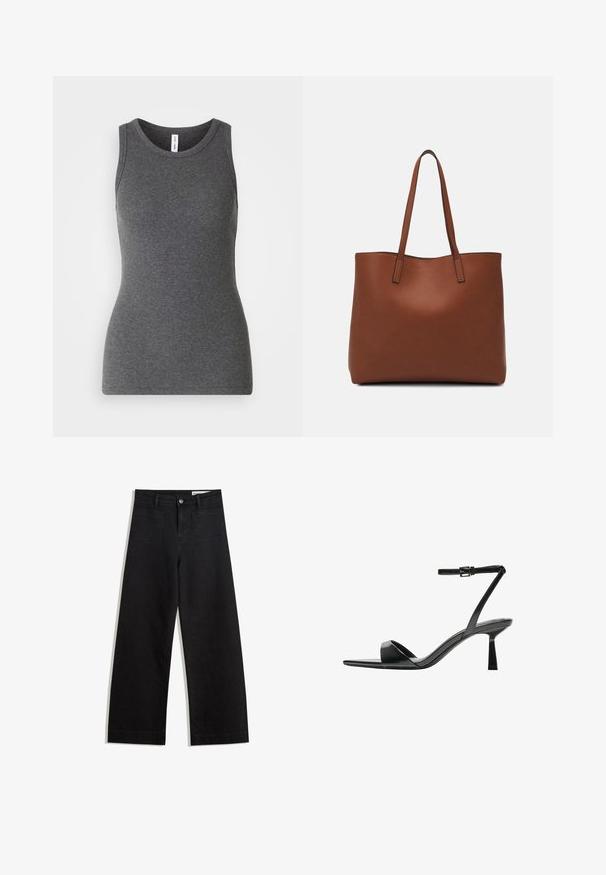 Siv srajc z brezrokavnim krojem, izdelan iz rebrastega materiala; ima krogla izrez in prilegajoč dizajn. Brez vzorcev ali dodatnih detajlov.; Črne široke denim hlače z visokim pasom, ki imajo sprednje in zadnje žepe, šivane šive ter gumbasto zapiranje. Gladka tekstura.; Bershka Sandali z visoko peto - black; Rjava usnjena torba z gladko teksturo, odprto zasnovo zgoraj in dvema naramnima trakovoma. Opremljena je z minimalnim šivanjem in brez vidnih kovinskih delov.