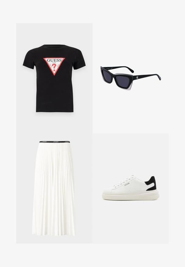 Camiseta de algodão preta com um logótipo triangular em vermelho e branco, apresentando o texto "GUESS U.S.A." e um ponto de interrogação no centro. Manga curta.; Saia plissada branca com uma cintura elástica preta que apresenta o logótipo "LACOSTE". Design de comprimento médio com textura suave.; Sapatilhas brancas de couro com uma sola branca espessa, detalhe em camurça preta no calcanhar e logótipo em relevo na lateral. Design com atacadores e seis ilhós.; Óculos de sol oversized pretos com forma geométrica, apresentando lentes escuras e um detalhe cinza em contraste na armação. Logotipo na haste.