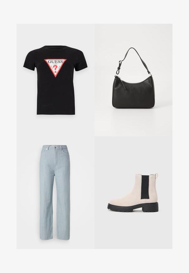 Czarna bawełniana koszulka z krótkim rękawem, z trójkątnym czerwono-białym logo i napisem "GUESS U.S.A." oraz znakiem zapytania na środku.; Jasnoniebieskie jeansy o prostym kroju wykonane z denimu. Posiadają pięć kieszeni, zapięcie na metalowy guzik oraz subtelne przetarcia nadające teksturę.; Beżowe zamszowe botki Chelsea z czarną elastyczną wstawką po bokach, masywną czarną podeszwą i pętelką przy kostce.; Czarna skórzana torebka o zaokrąglonym kształcie, z pojedynczym uchwytem, zamknięciem na zamek błyskawiczny oraz subtelnym logo z przodu. Gładka faktura, minimalistyczny design.