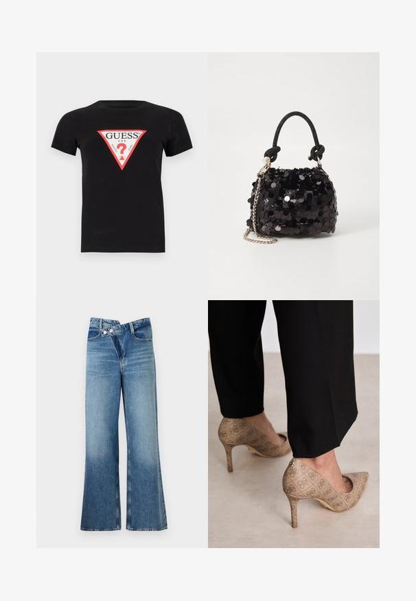 Black cotton t-shirt featuring a triangular red and white logo with "GUESS U.S.A." text and a question mark in the center. Short sleeves.; Light blue denim flared jeans with a high waist, featuring two buttons and front pockets. Fabric has a faded texture with subtle variations.; Beige high-heeled shoes with a textured fabric featuring a repeating pattern. Pointed toe design with a back accent and gold heel detail.; Black sequin mini handbag with a knotted textured strap and silver chain. Rounded shape with gathered top and reflective detailing.