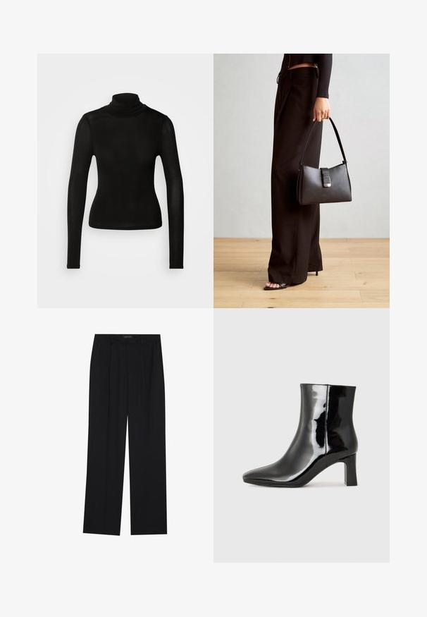 Czarny golf wykonany z lekkiego, elastycznego materiału. Posiada długie rękawy i dopasowany krój bez widocznych szwów.; Czarne spodnie o prostym kroju nogawek, z dwoma przednimi kieszeniami i paskiem w talii. Wykonane z gładkiego, lekkiego materiału.; Czarne lakierowane botki za kostkę z wysmukłym noskiem i średniej wysokości obcasem w kształcie słupka. Gładka tekstura i minimalistyczny design.; Czarna torebka o usztywnionym kształcie, gładkiej fakturze i metalowym zapięciem. Połączona z szerokimi czarnymi spodniami i sandałami na otwartym palcu na drewnianej podłodze.