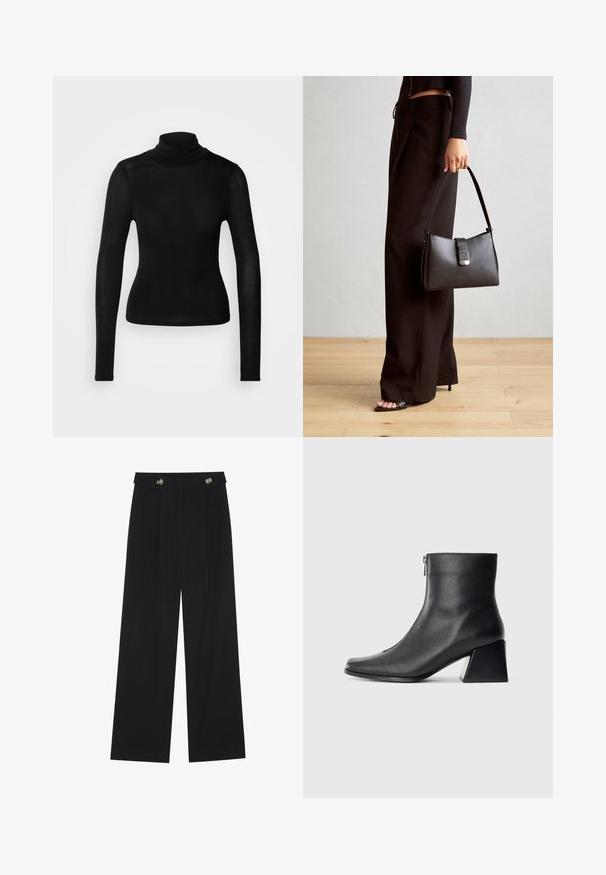 Maglione a collo alto nero realizzato in un materiale leggero e elasticizzato. Presenta maniche lunghe e una silhouette aderente senza cuciture visibili.; Pantaloni neri a gamba larga con vita alta, dettagli con bottoni in vita e pieghe frontali.; Stivaletto in pelle nera con punta quadrata, cerniera laterale e tacco squadrato su sfondo chiaro uniforme.; Borsa nera con forma strutturata, texture liscia e una chiusura metallica. Abbinata a pantaloni neri larghi e sandali open-toe su un pavimento in legno.