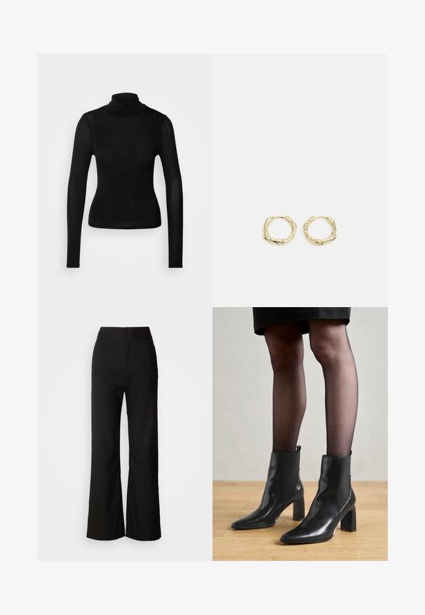 Černý rolák vyrobený z lehkého, elastického materiálu. Má dlouhé rukávy a přiléhavý střih bez viditelných švů.; Černé kalhoty se širokými nohavicemi, hladkou texturou, vysokým pasem a čistým designem. Bez viditelných kapes nebo ozdob.; Černé kožené kotníkové boty s špičatou špičkou, robustním čtvercovým podpatkem a elegantním designem. Obsahují elastické boční panely pro snadné obouvání.; Zlaté kruhové náušnice s texturovaným, nepravidelným tvarem. Disponují bezproblémovým uzávěrem a leštěným povrchem, což zdůrazňuje moderní design.