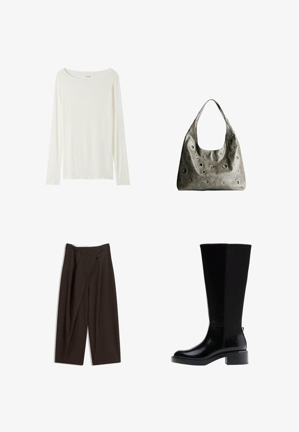 Maglietta a maniche lunghe, colletto rotondo, di colore crema realizzata in tessuto morbido. Presenta una linea diritta e un design minimalista senza decorazioni.; Pantaloni a gamba larga marrone scuro con vita alta, dotati di una chiusura con bottone singolo e una parte anteriore plissettata. Realizzati in tessuto leggero.; Stivali in pelle nera alti fino al ginocchio con finitura lucida, punta quadrata, tacco a blocco e dettaglio sulla cucitura laterale. Presentano un passante sul retro.; Borsa a tracolla in pelle verde oliva con un design morbido, caratterizzata da tagli circolari di diverse dimensioni e dettagli in tonalità più scure e più chiare.