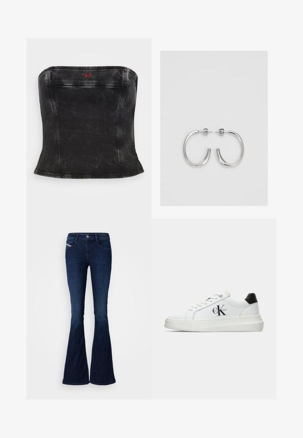 Črn denimski top brez naramnic s prilegajočim dizajnom, ki vključuje ukrivljene šive in majhno rdečo logotipno dekoracijo blizu izreza. Gladka tekstura.; Temno modre razširjene kavbojke z gladko teksturo denima, ki imajo sprednje žepke, gumbasto zapiranje in subtilno oznako blagovne znamke na strani.; Bele nizke superge z črnim hrbtnim delom, platformo, vezalkami in Calvin Klein "CK" logotipom na strani.; Srebrne obročaste uhane z gladko, sijočo površino. Zaobljena oblika, lahka zasnova, z zapiranjem na zatič.