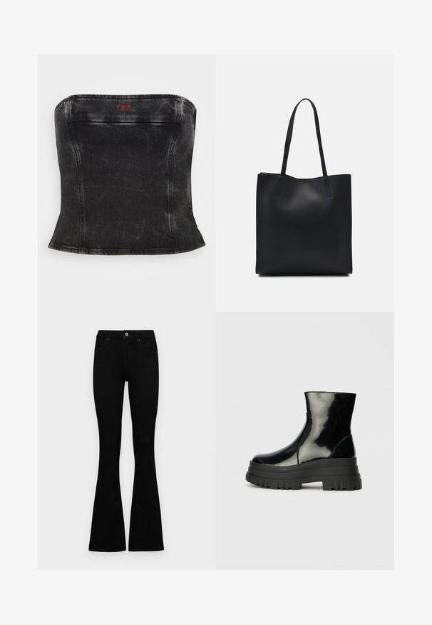 Zwart denim strapless top met een aansluitend ontwerp, voorzien van gebogen naden en een klein rood logo accent nabij de halslijn. Maak met een gladde textuur.; Zwarte hoge taille jeans met een knoop- en ritssluiting, voorzakken en een flared pijp, plat gelegd op een witte achtergrond.; Zwarte glanzende enkelboot met dikke profielzool en ronde neus, zijaanzicht op een effen lichtgrijze achtergrond.; Zwarte leren handtas met een gladde textuur, rechthoekige vorm en twee lange handvaten. Geen zichtbare hardware of versieringen.