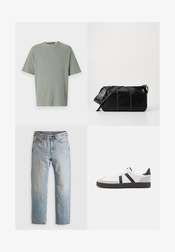 Olive zelena majica s kratkimi rokavi, okroglo izrezana, narejena iz mehkega teksturiranega materiala. Preprost dizajn brez vidnih vzorcev ali okraskov.; Svetlo modri džins hlače z visokim pasom, sprednjim gumbom, zadrgo in petimi žepi, laid flat na nevtralni podlagi.; Bela športna obutev z črnimi in sivo akcenti, z teksturirano sivo kapico za prste, črnim gumijastim podplatom in ravnimi belimi vezalkami. Čista zasnova, minimalistični slog.; Črna usnjena torba za ramo z zadrgo, ki ima teksturirano telo, belo šivanje in trak s srebrnimi luknjami.