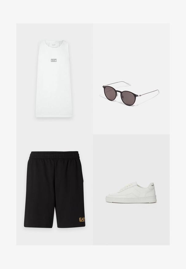 White sleeveless athletic top with crew neck, centered EA7 Emporio Armani logo on chest against a plain background.; Black athletic shorts made of soft fabric,Featuring an elastic waistband and a small yellow EA7 logo on the lower left leg.; White leather sneaker with a smooth finish, round toe, flat laces, and a textured sole. Features a subtle logo on the heel.; Black round sunglasses with dark lenses and slim metal arms. Includes clear temple tips and silver accents at the hinge. Minimalist design.