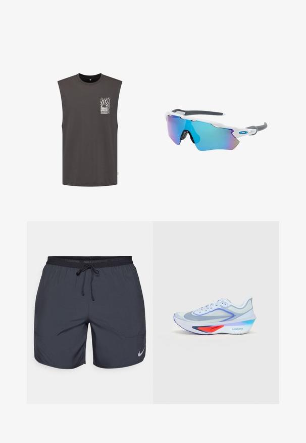 Shiwi SUNSHINE - Felső - dusty anthracite grey; Sötétszürke Nike futóshorts, elasztikus derékkal és húzózsinórral, az alsó jobb lábszáron ezüst színű logóval.; Világoskék futócipő hálós felsőrésszel, fehér fűzőkkel, lila részletekkel és piros elem a középtalpon. Ívelt talpával és "ZOOMX" feliratozással rendelkezik.; Fehér keretű napszemüveg, szürke díszítéssel és kék tükörlencsékkel. Sportos dizájn, körbeölelő forma és állítható orrtámasz.