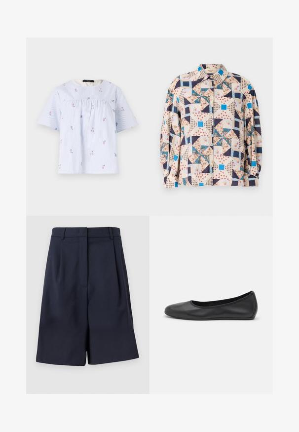 Kurzärmlige Bluse mit blauen und weißen Streifen, floralem Stickerei, rundem Ausschnitt und gerafftem Detail an der Vorderseite. Weiches Baumwollmaterial.; Button-Up-Hemd mit einem Patchwork-Design aus floralen und geometrischen Mustern in Beige-, Blau-, Marine- und Rottönen; Lange Ärmel.; Marineblaues, maßgeschneidertes Shorts aus einem glatten Stoff mit hoher Taille, Falten vorne und seitlichen Taschen. Saubere, strukturierte Silhouette.; Schwarze Leder-Ballettschuhe mit abgerundeter Spitze, glatter Textur, minimalen Nähdetails und einem flexiblen Sohlen-Design.