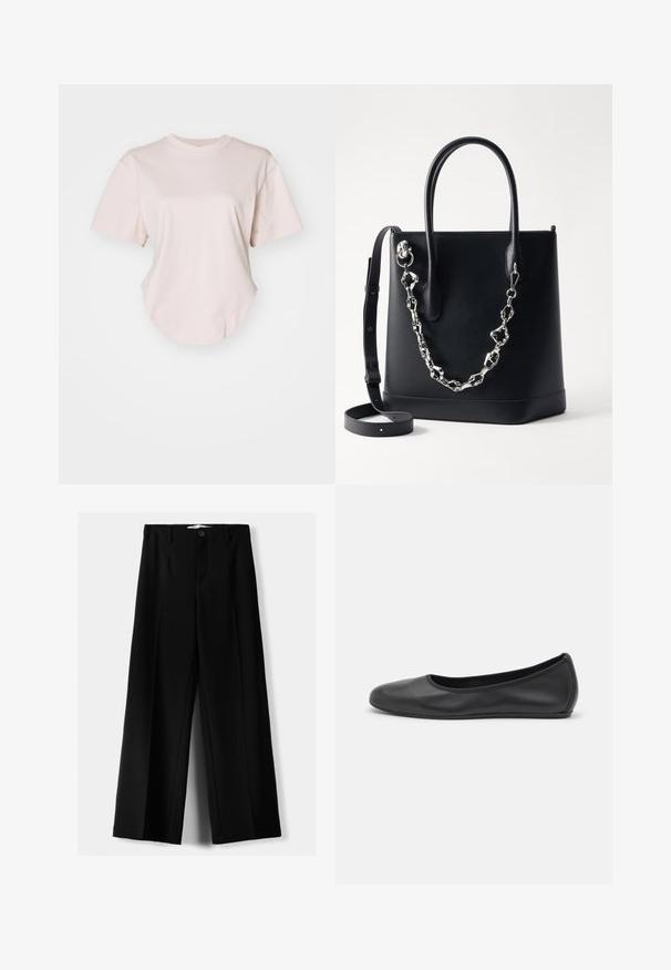 Světle růžové tričko s krátkým rukávem z měkké bavlny. Má zaoblený lem, kulatý výstřih a pohodlný střih s spadlými rameny. Minimalistický design.; Černé široké kalhoty z lehkého materiálu s předním zapínáním na knoflík a hladkým předním dílem, s pečlivě přišitými lemy.; Černé kožené baletní byty s kulatou špičkou, hladkou texturou, minimálními švy a flexibilním designem podrážky.; Černá kožená taška přes rameno se strukturovaným designem, obsahující stříbrný řetěz a dvojité uši. Součástí je odnímatelný kožený popruh.