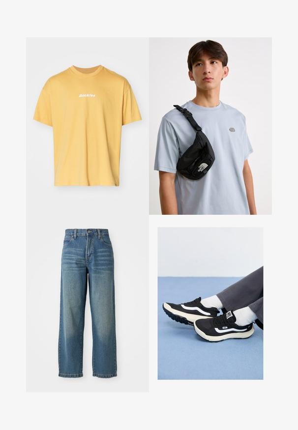 Gul bomull t-shirt med korta ärmar, rund halsdesign, med vit "Dickies" logga på framsidan. Mjuk textur, avslappnad passform.; Ljusblå denim byxor med vida ben och hög midja, fem fickor och en lätt urtvättad finish. Har en knapp- och dragkedjestängning.; Svarta sneakers med vita detaljer, mesh- och gummimaterial, med en texturerad sula och hälflik. Bärs med vita strumpor och grå byxor.; Svart nylon crossbody-väska med justerbar rem, med en framträdande vit logotyp. Bärs över en ljusblå t-shirt. Enkel, funktionell design.