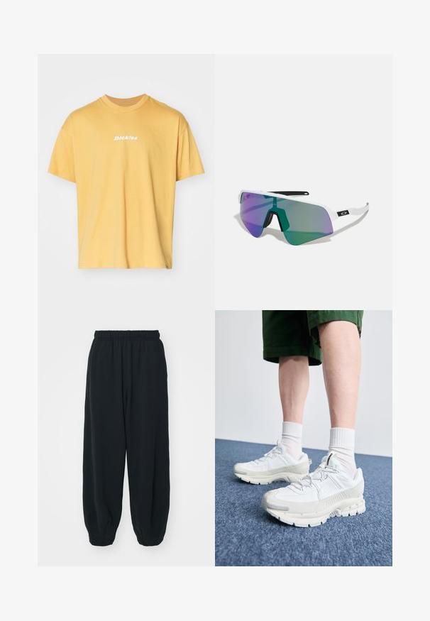 Žlté bavlnené tričko s krátkymi rukávmi a okrúhlym výstrihom, na prednej strane s bielym logom "Dickies". Mäkká textúra, uvoľnený strih.; Čierne tepláky s elastickým pásom, vo voľnom strihu, s manžetami na členkoch, hladkej textúry a bez viditeľných vzorov alebo kovových doplnkov.; Biele športové topánky s textúrovanými prešívaniami, robustnou podrážkou a sivými akcentami. Nosené s bielymi ponožkami po členky a zelenými šortkami na modrom povrchu.; Športové slnečné okuliare s bielym rámom a veľkými gradientnými šošovkami v odtieňoch fialovej a zelenej; ostrý, uhlový dizajn s centrálnym mostíkom nosa.