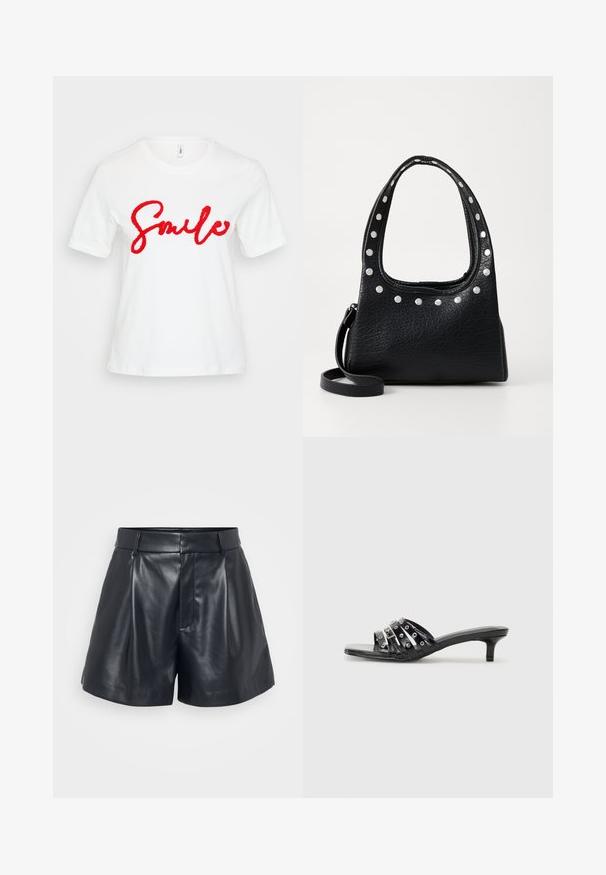 Hvit bomull t-skjorte med korte ermer og rund hals, med brodert rød kursivtekst "Smile" over fronten.; Sorte lærshorts med en glat tekstur, skræddersyet design, plisseret front og bæltestropper; har en skjult lynlås-lomme på siden.; Svarte hæl sandaler med flere glinsende stropper og metalliske detaljer, med spiss tå og moderate kitten hæler. Glatt tekstur.; Svart teksturert skinnhåndveske med sølvfargede nagler langs toppkanten og håndtakene, med et kort håndtak og en avtagbar stropp.