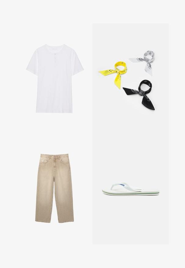 Tricou alb cu mânecă scurtă, guler rotund, închidere cu trei nasturi și țesătură din bumbac moale. Fără modele sau grafica prezente.; Blugi din denim bej cu talie înaltă, având picioare largi, cu un tiv destrămat, două buzunare frontale și detalii subtile de coasere.; Sandale albe cu un talpă texturată, curele subțiri și o linie de accent multicolor pe talpă. Prezintă un logo pe curea.; Trei batiste: una galbenă cu motive negre, una albă cu desene negre și una neagră cu grafică albă. Toate sunt pătrate, dintr-un material ușor.