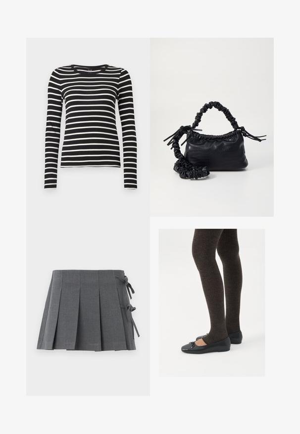 Mustvalge horisontaalselt triibuline pikkade varrukatega crew neck särk, millel on sobituv siluett.; Hall灰 pleated seelik, millel on seotusnööridega vöökoht, valmistatud tekstureeritud kangast, puhta lõikega ja ilma nähtavate detailideta.; Mustad mustad kingad väikese teksaga varvaste juures, koos tumedate pruunide ribakangastega. Kingadel on sile tekstuur ja madal profiil.; Must must sünteetilisest nahast käekott, millel on krokodillimuster, kokku tõmmatav ülaosa ja kortsus rihm. Tundub pehme ja kompaktne disain.