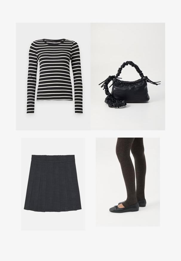 Fekete-fehér vízszintes csíkos, hosszú ujjú kereknyakú póló, testhezálló fazonnal.; Sötétszürke pliszírozott szoknya rugalmas derékkal, texturált anyagból, klasszikus A-vonalú sziluettel. Alkalmas mindennapi viseletre.; Fekete lapos cipők kis masni díszítéssel az orrán, sötétbarna bordázott harisnyával párosítva. A cipők sima textúrával és alacsony profilúak.; Fekete műbőr kézi táska krokodil bőr textúrával, összehúzható tetejű és gyűrt pánttal. Lágy és kompakt dizájnúnak tűnik.