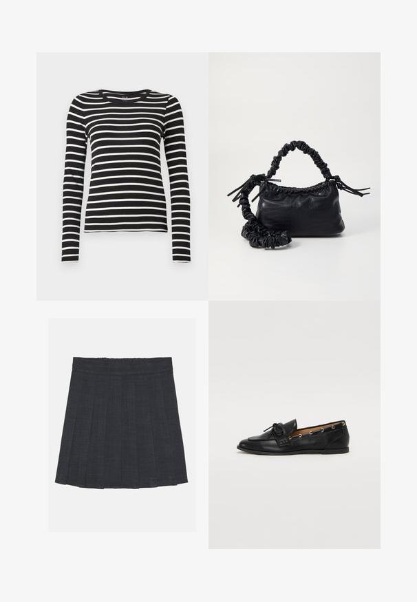 Black and white horizontally striped long-sleeve crew neck shirt with fitted silhouette.; Dark gray pleated skirt with an elastic waistband, featuring a textured fabric and a classic A-line silhouette. Suitable for casual wear.; Black leather loafers with a tied bow, featuring gold eyelet accents along the sides and a flat rubber sole. Smooth texture, classic design.; Black faux leather handbag with a crocodile texture, cinched top, and a scrunched strap. Appears soft and compact in design.