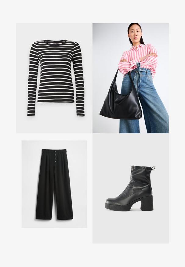 Czarna i biała pionowo paskowana koszula z długim rękawem o dopasowanym kroju i okrągłym dekolcie.; Szerokie czarne spodnie wykonane z teksturowanej tkaniny. Posiadają wysoki stan, zapięcie na pięć guzików z przodu oraz prasowane fałdy dla dodatkowego detalu.; Czarne botki za kostkę wykonane z gładkiej skóry, wyposażone w boczny zamek błyskawiczny, masywny teksturowany obcas oraz zaokrąglony czubek.; Czarna skórzana torebka na ramię o luźnym kształcie i detalach szwów. Model nosi różową koszulę w białe paski oraz szerokie niebieskie dżinsy.