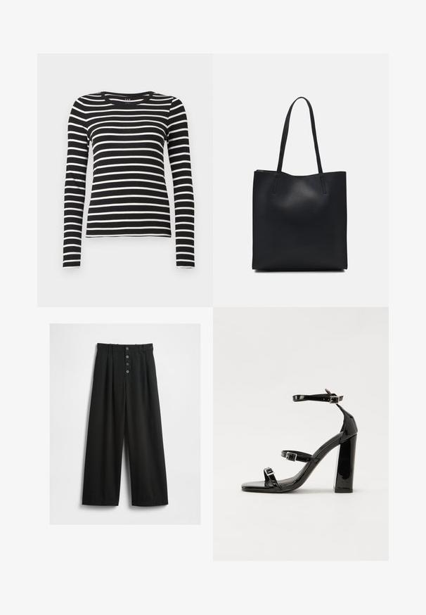 Schwarz-weiß gestreiftes Langarmshirt mit Rundhalsausschnitt und figurbetonter Silhouette.; Schwarze weit geschnittene Hosen aus einem strukturierten Stoff. Sie verfügen über eine hohe Taille, einen fünfknöpfigen Frontverschluss und gepresste Falten für zusätzliche Details.; Schwarze Lackleder-Sandalen mit hohen Absätzen, zwei Riemen mit Schnallen, quadratischer Zehenpartie und klobigem Blockabsatz, mit einer glatten, glänzenden Textur.; Schwarze Laptoptasche aus Leder mit glatter Textur, rechteckiger Form und zwei langen Griffen. Keine sichtbaren Beschläge oder Verzierungen.
