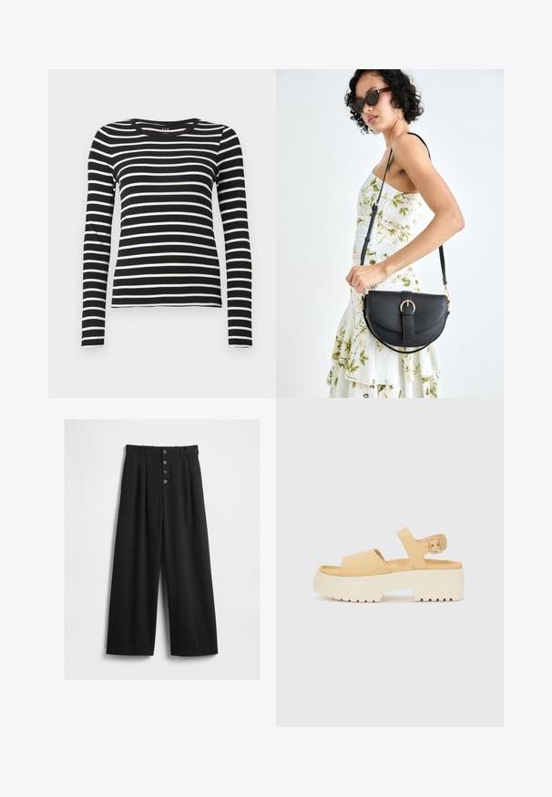 Camisa de manga longa com riscas horizontais em preto e branco, com um corte ajustado.; Calças largas pretas feitas de um tecido texturizado. Apresenta uma cintura alta, fecho frontal com cinco botões e pregas vincadas para um detalhe adicional.; Sandália amarela em imitação de couro com uma sola branca chunky. Apresenta duas tiras largas e uma tira de tornozelo ajustável com fivela de metal.; Bolsa de couro preta com forma curva, alça destacável e detalhes em dourado. A bolsa possui uma aba com detalhe de fivela.