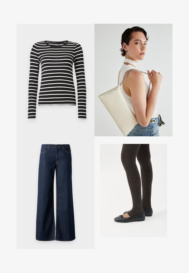 Sort og hvidt horisontalt stribet langærmet T-shirt med rund hals og tætsiddende silhuet.; Bredde ben jeans i mørkeblå denim. Har kontrastsyninger, fem lommer og en knaplukning i taljen. Glat tekstur.; Sorte flade sko med en lille sløjfedetalje ved tåen, parret med mørkebrune ribbede strømpebukser. Skoene har en glat overflade og lav profil.; Hvid rektangulær clutch-taske lavet af skinnende materiale, med en sølv kædetransport. Modellen poser, mens hun fremviser tasken mod en ensfarvet baggrund.