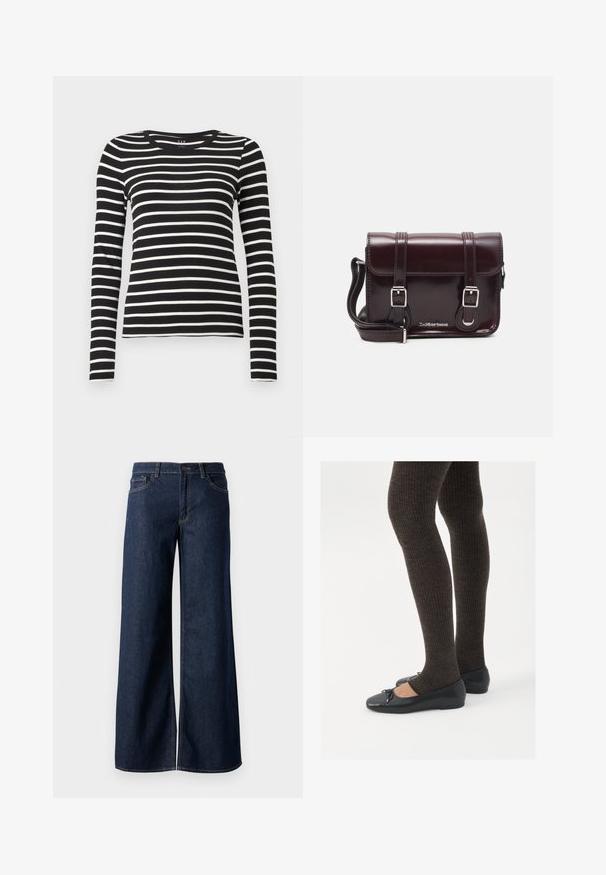 Mustat ja valkoiset vaakaraidalliset pitkähihaiset pyöreäkauluksinen paita، joka on hyvin istuva.; Suorat lahkeet farkut tummansinisestä denimmistä. Ominaisuuksiin kuuluvat kontrastiväriset ompeleet, viisi taskua ja nappisuljenta vyötäröllä. Sileä pinta.; Mustat matalat kengät, joissa on pieni nauha varpaissa, yhdistettynä tummanruskeisiin ribattuisiin sukkahousuihin. Kengissä on sileä pinta ja matala profiili.; Burgundin värinen lakattu nahkainen olkapussukka, jossa on suorakulmainen muoto, kaksi hihnaa, hopeiset yksityiskohdat ja läppäkiinnitys.