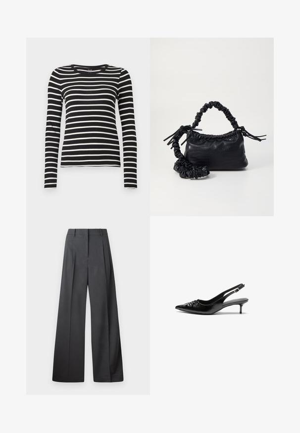 Juodai-baltas horizontaliai dryžuotas ilgomis rankovėmis apvalios iškirptės marškiniai su prigludusia siluetu.; Tamsiai pilkos plačios kojos kelnės, turinčios aukštą liemenį, vieną raukšlę ir sklandžią tekstūrą su tvarkingais kraštais.; Juodos odinės slingback aukštakulniai su smailiu nosiu, mažais katės kulnais ir dekoratyvine mazgo detale priekyje. Visas paviršius lygus.; Juodas dirbtinės odos rankinė su krokodilo tekstūra, sušnibždinta viršuje ir susikraipytu dirželiu. Atrodo minkšta ir kompaktiška.