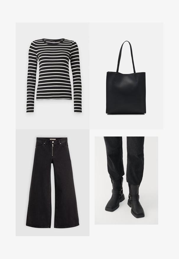 Sort og hvidt horisontalt stribet langærmet T-shirt med rund hals og tætsiddende silhuet.; Vide ben jeans i sort denim med lynlås foran, fem lomme-design og subtile stikninger. Glat tekstur og afslappet stil.; Sorte læder ankelstøvler med firkantet tå, der har en bred rem og metallisk spænde detalje. Støvlerne har en chunky sål og en glat overflade.; Sort læder tote taske med glat tekstur, rektangulær form og to lange hanke. Ingen synlig hardware eller udsmykninger.
