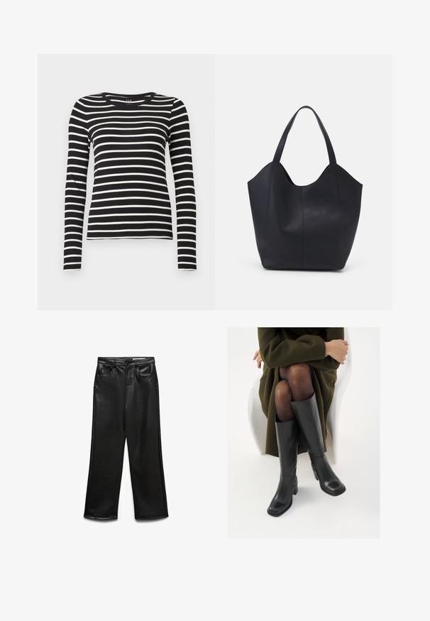Sort og hvidt horisontalt stribet langærmet T-shirt med rund hals og tætsiddende silhuet.; Sorte bukser i bred benvidde lavet af kunstlæder med frontlommer, bæltestropper og en diskret glans. Glat tekstur og skræddersyet pasform.; Knæhøje sorte læder støvler med firkantet tå og blokhæl, vist med en model siddende i en olivengrøn frakke. Glat tekstur, minimal detaljer.; Sort tote taske lavet af glat læder, med en buet, åben top, to skulderstropper og et minimalistisk design.