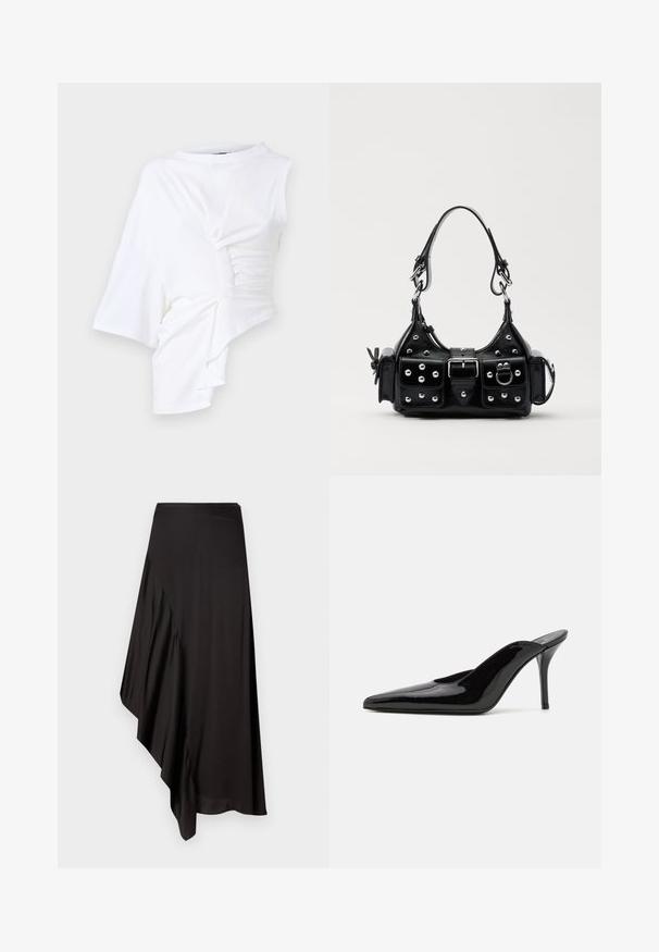 Hvid asymmetrisk top med korte ærmer, der har samlet detalje på den ene side og rund halsudskæring. Lavet af blød, let stof.; AERON ASTER SKIRT - Pencil skirt - black; Sorte lakerede højhælede mulesko med spids tå og en slank silhuet, der har åben hæl og en slank stilettohæl.; Sort læderhåndtaske med et buet design, prydet med sølvfarvede nitter, en spænde og to sidelommer. Justerbar rem til forskellige bære muligheder.