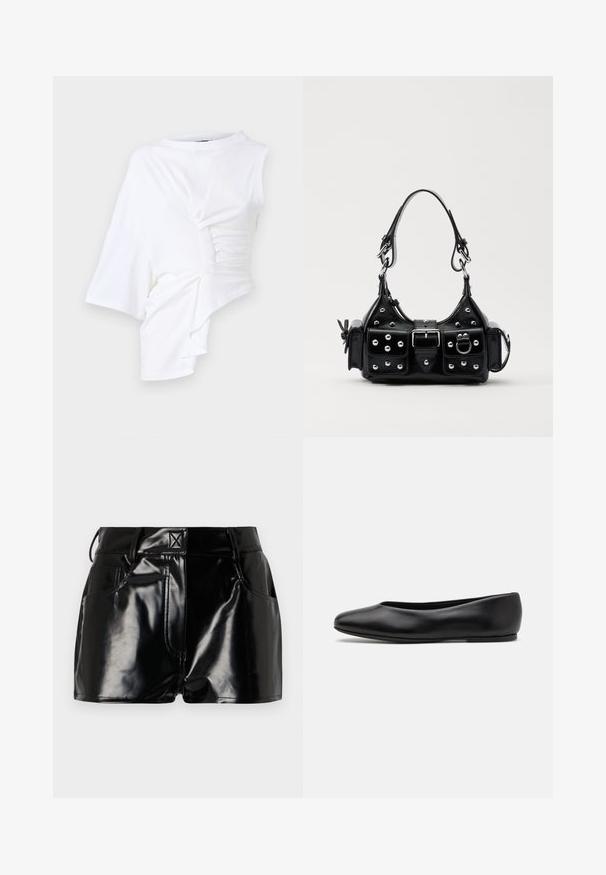 Biała asymetryczna bluzka z krótkimi rękawami, z gromadzonymi detalami po jednej stronie i okrągłym dekoltem. Wykonana z miękkiego, lekkiego materiału.; Czarne, błyszczące spodenki wykonane z materiału syntetycznego. Posiadają dopasowaną talię, szlufki na pasek oraz przednie kieszenie z wyraźnymi detalami stębnowania.; Paul Smith TOPANGA czarny; Czarna skórzana torebka w zakrzywionym kształcie, z srebrnymi ćwiekami, klamrą i dwoma bocznymi kieszeniami. Regulowany pasek umożliwiający różne opcje noszenia.