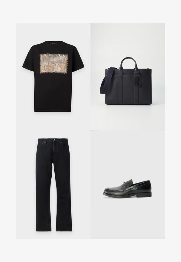 Sort bomulds T-shirt med en struktureret, rektangulær grafisk tryk i beige og blå, med teksten "GUESS" og "LOS ANGELES" i fed hvid.; Sorte denim jeans med lige ben-design, med knaplukning, fem-lomme stil og diskrete stikninger.; Sorte læder loafers med rund tå, prydet med en syet design, en lille frontrem med hardware detaljer og en flad gummisål.; Mørkeblå læderaktet med dobbelte topgreb og en aftagelig rem. Har tekstureret overflade, lodret syning og logodetalje.
